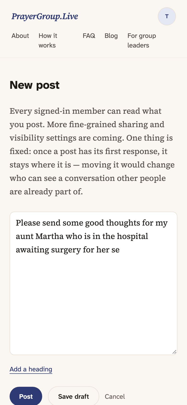 The new-post screen on a phone, part-way through somebody writing a request.
