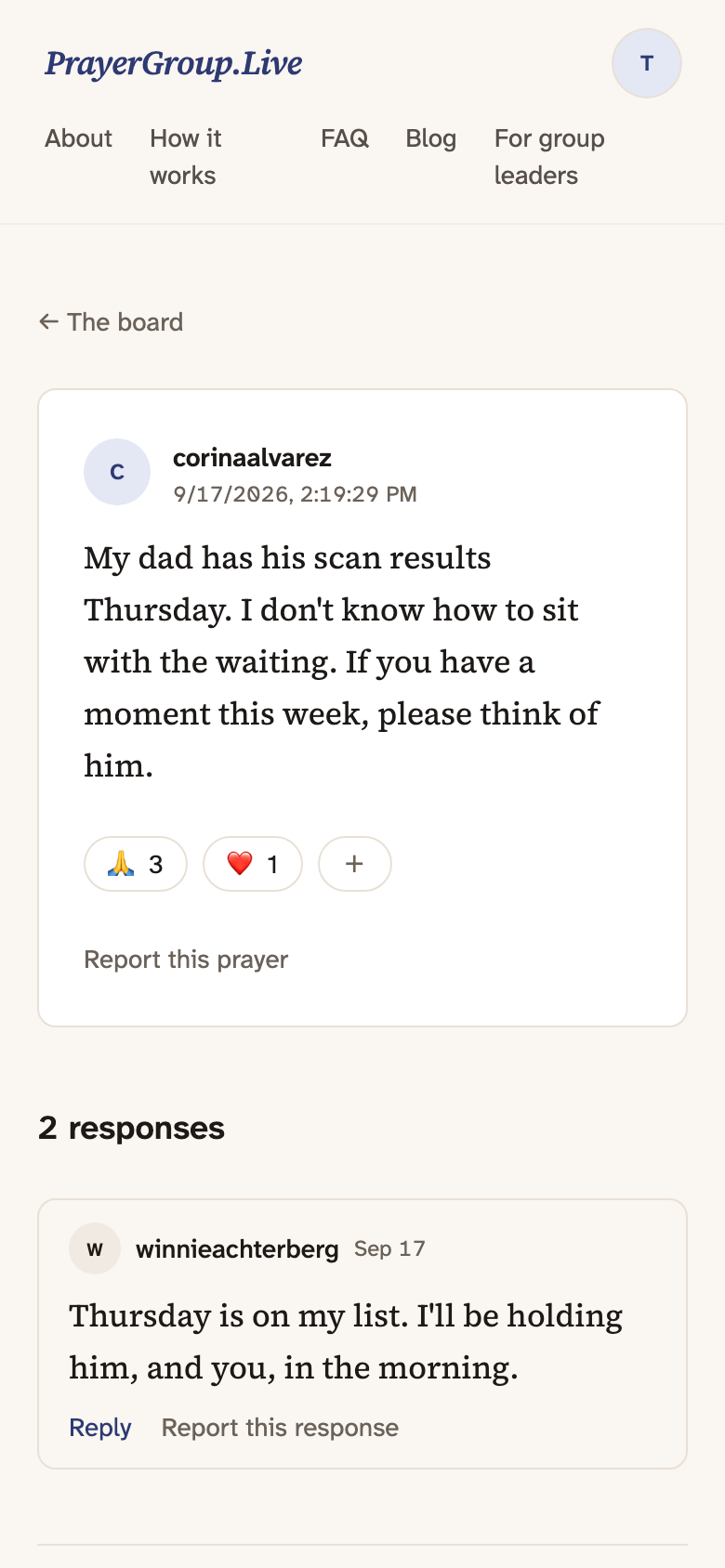 Corina’s prayer request opened on a phone, with the first of its two replies underneath.