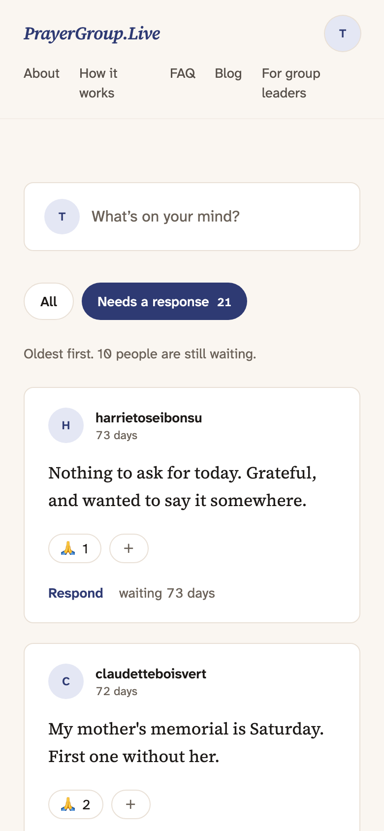 The board filtered to the posts nobody has answered yet, oldest first.